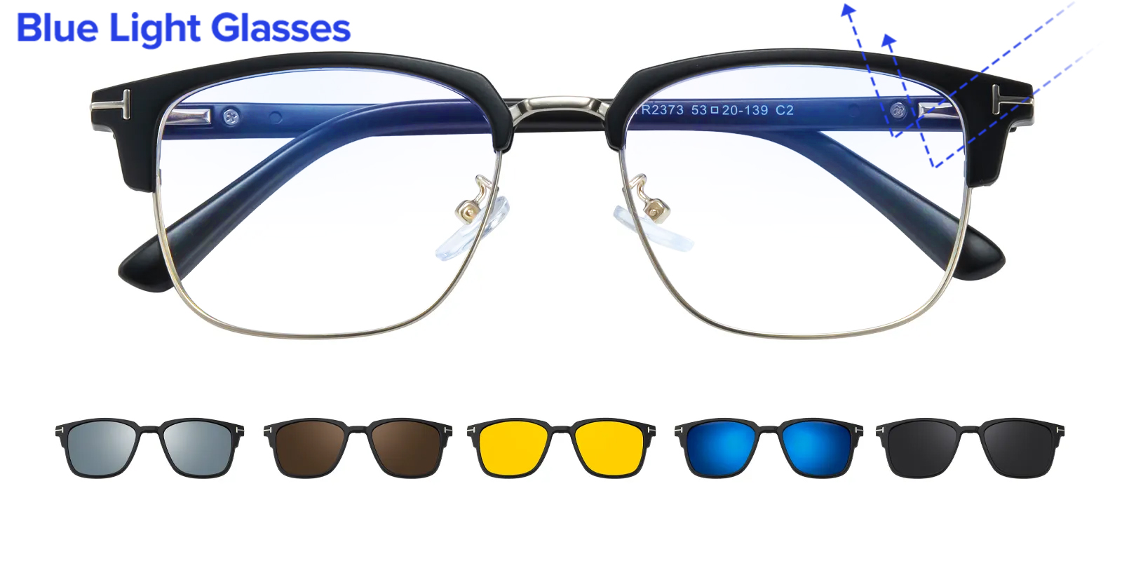 Jimmy Rectangle,Browline Black Eyeglasses with Clip-on Sunglasses