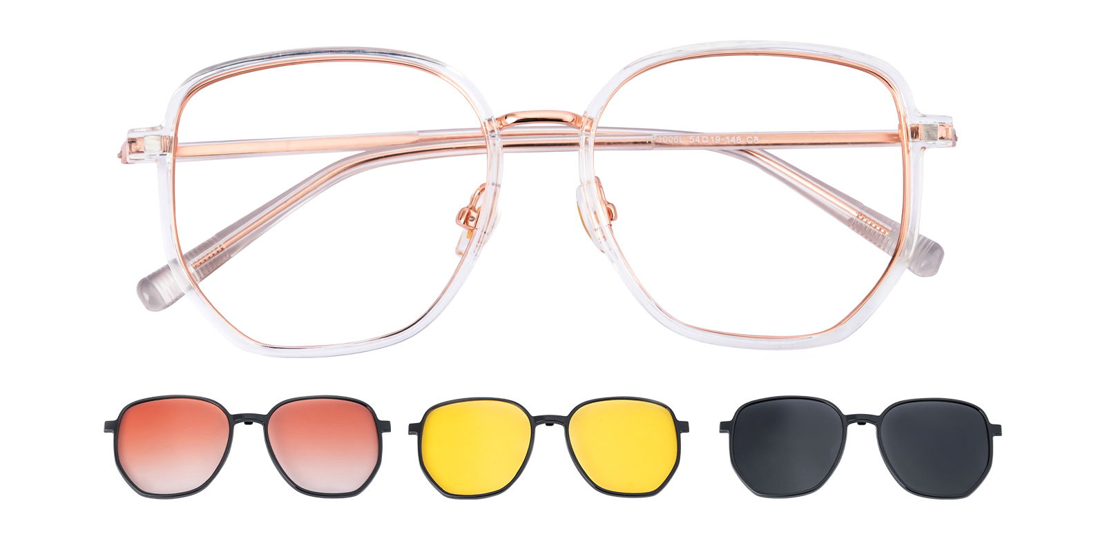 Jersey Polygon Clear Eyeglasses with 3-in-1 Clip-on Sunglasses