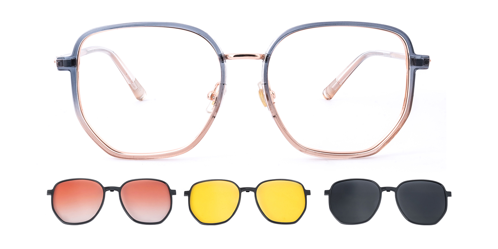 Jersey Polygon Blue/Champagne Eyeglasses with 3-in-1 Clip-on
